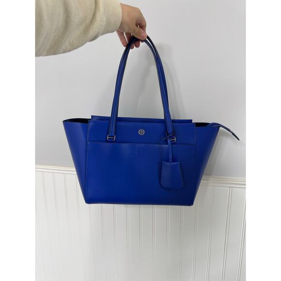 Tory Burch Parker Leather Tote in Burch Blue Double Strap and Zip Closure - Picture 1 of 8